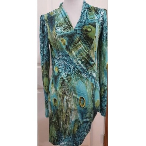 VENUS Dresses & Skirts - Venus Mini Dress Peacock Printed Faux Wrap Size S